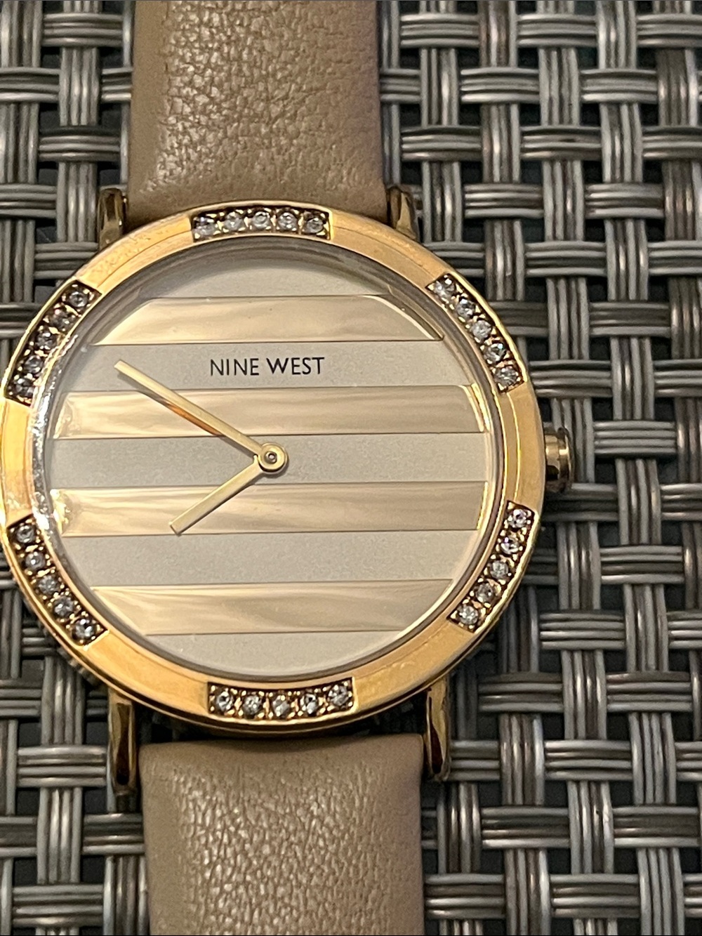 Nine West Gold Crystal-Trim Taupe Strap Watch